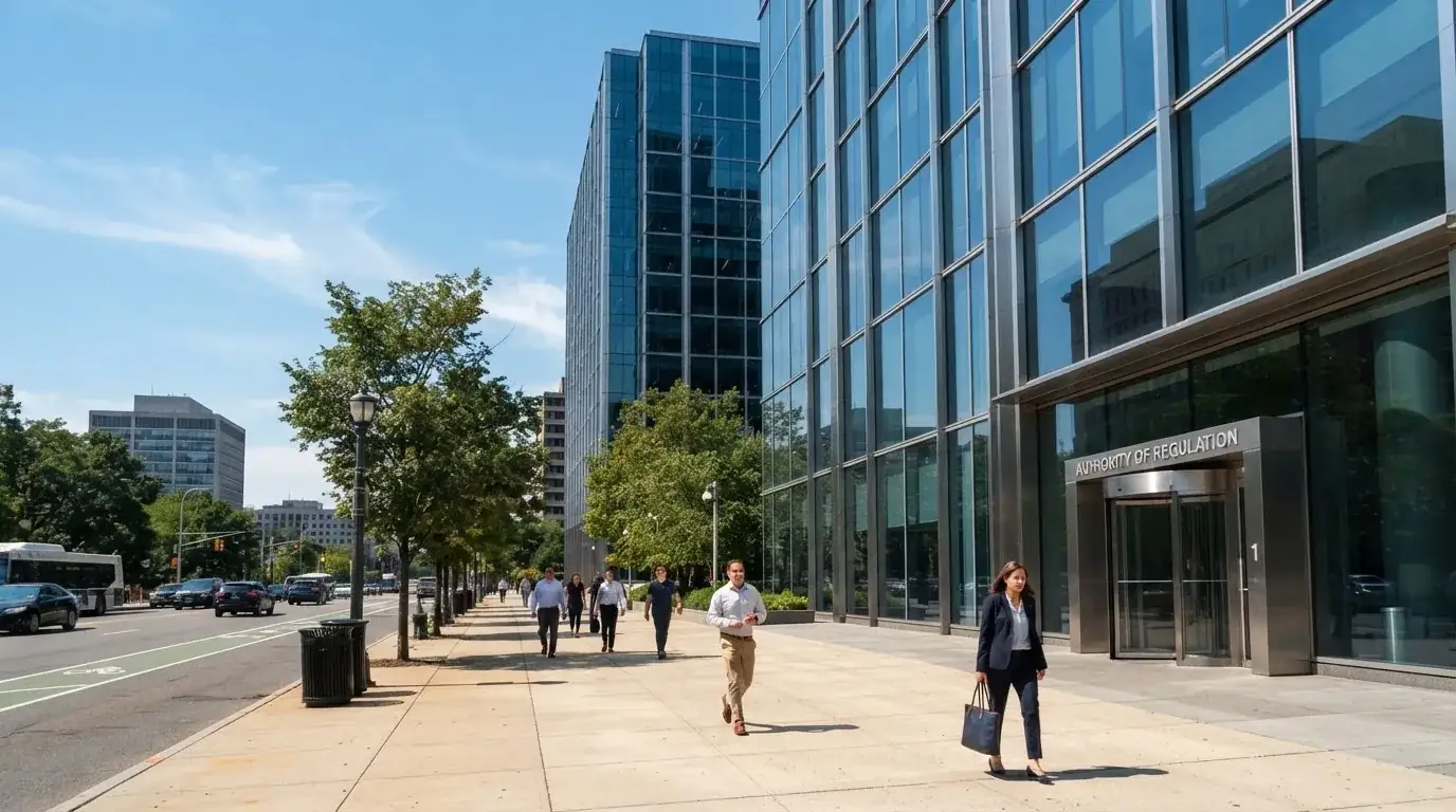 Edificio de oficinas moderno con fachada de cristal bajo un cielo despejado, gente caminando por la acera en una calle de ciudad.