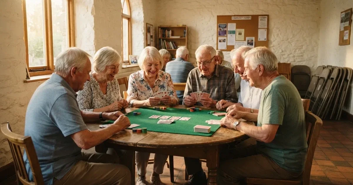 Grupo de personas mayores juega a las cartas alrededor de una mesa redonda en un salón comunitario iluminado.