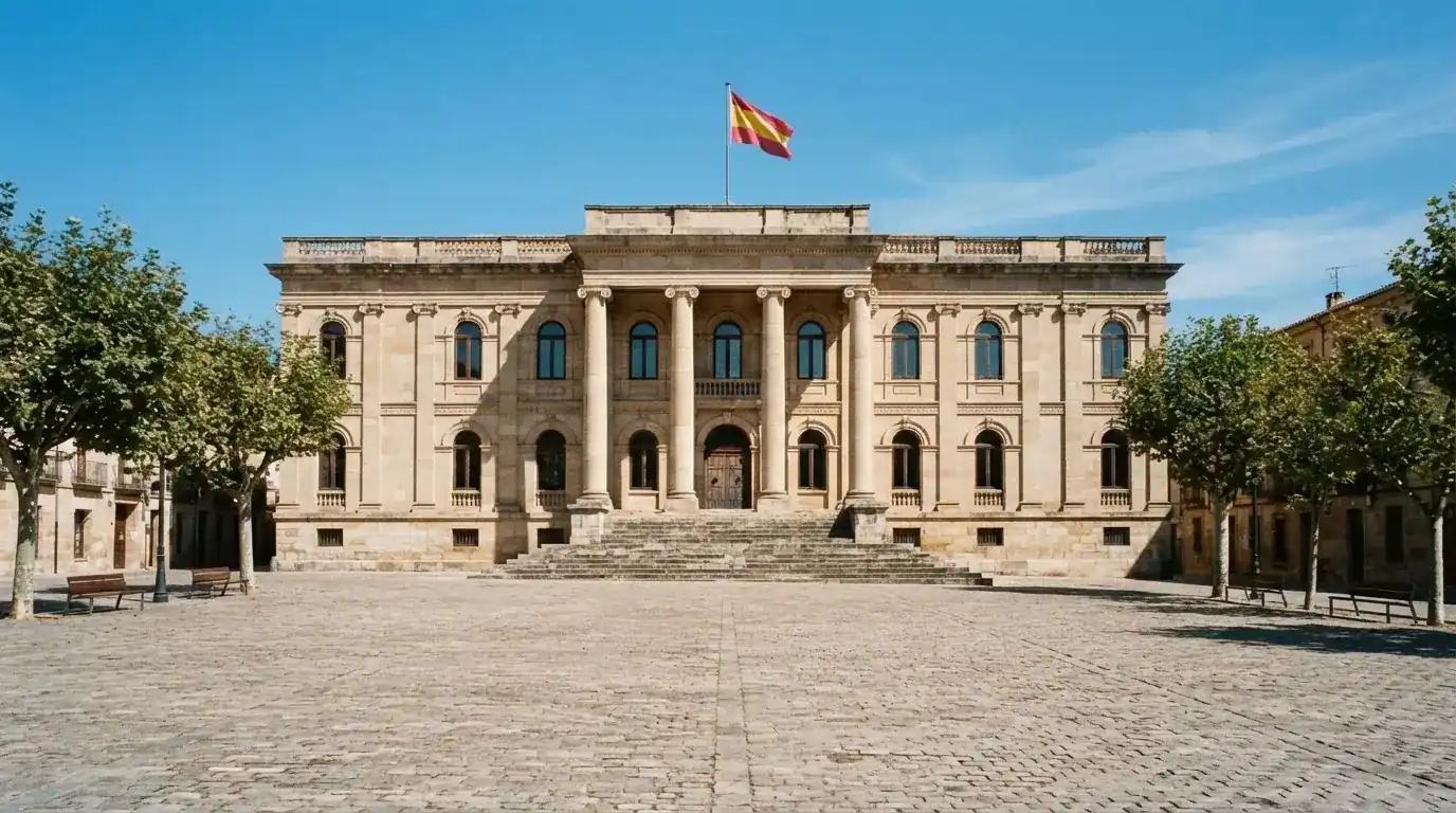 Fachada clásica de un edificio administrativo con una bandera ondeando y una plaza vacía al frente.