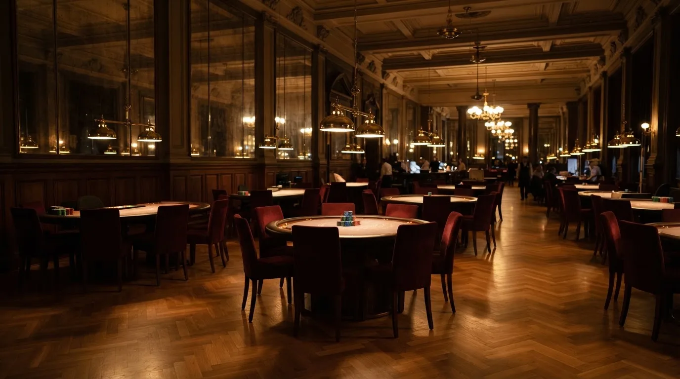 Interior de una sala amplia con mesas redondas de madera y sillas tapizadas bajo una iluminación cálida.