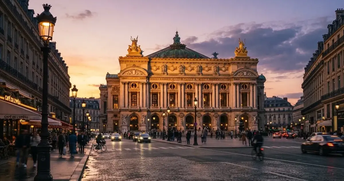 Fachada iluminada de un edificio clásico de estilo señorial en una ciudad europea al atardecer.