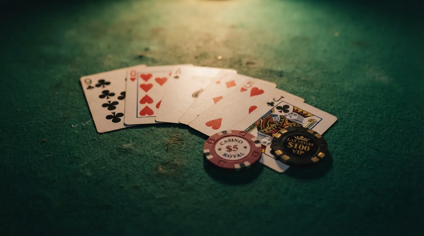 Vista cenital de una baraja de cartas y fichas de casino apiladas sobre una mesa de fieltro verde.