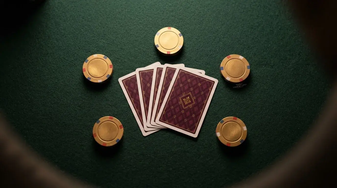Vista cenital de fichas doradas y una baraja de cartas sobre una mesa de fieltro verde.