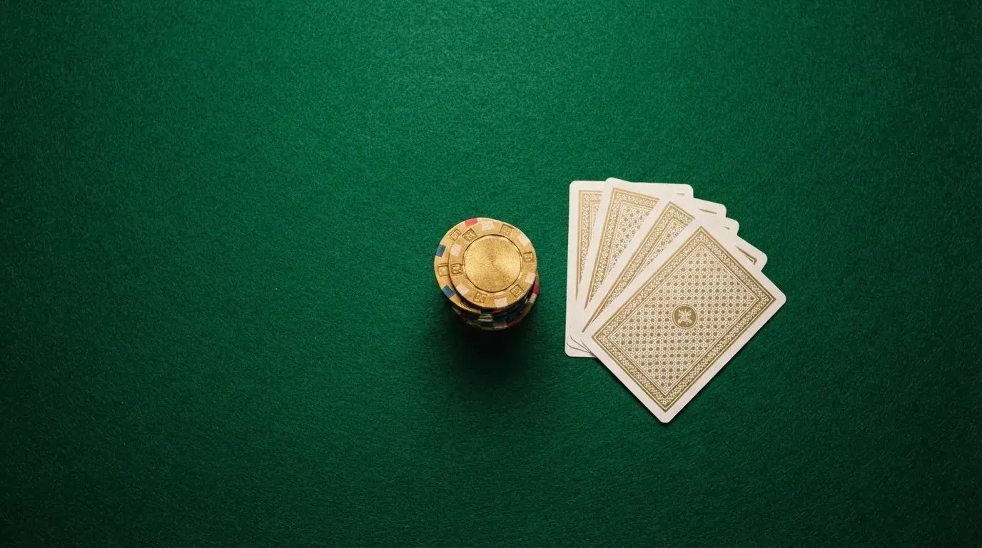 Vista cenital de fichas doradas y una baraja de cartas sobre una mesa de fieltro verde.