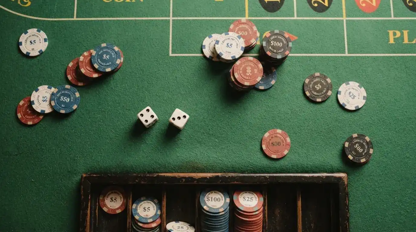 Vista cenital de fichas de casino y dados sobre una mesa de fieltro verde bajo luz suave.