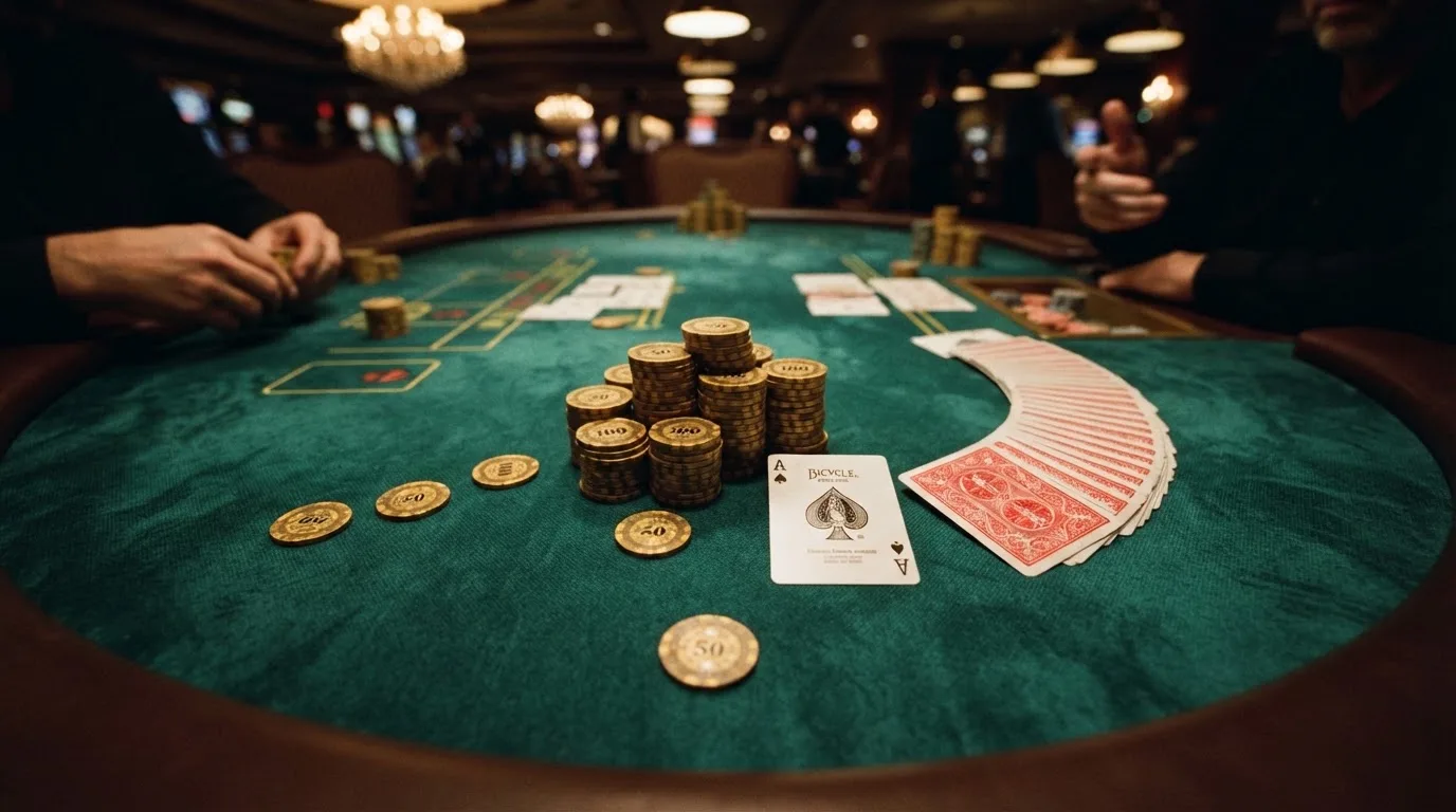 Vista cenital de fichas doradas y una baraja de cartas sobre una mesa de fieltro verde.