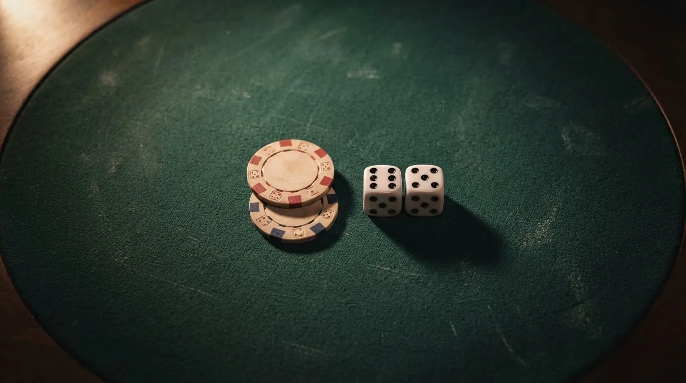 Vista cenital de fichas de casino y dados sobre una mesa de fieltro verde bajo luz suave.