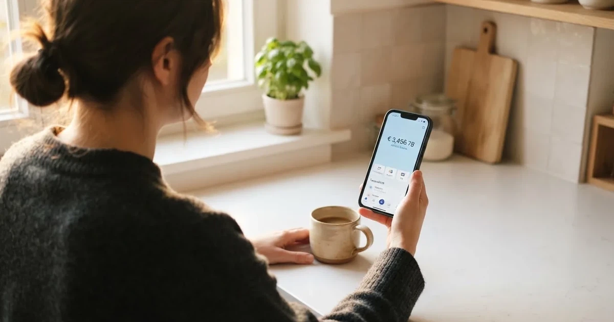 Persona revisando una aplicación bancaria en un teléfono móvil sentada en una cocina luminosa.