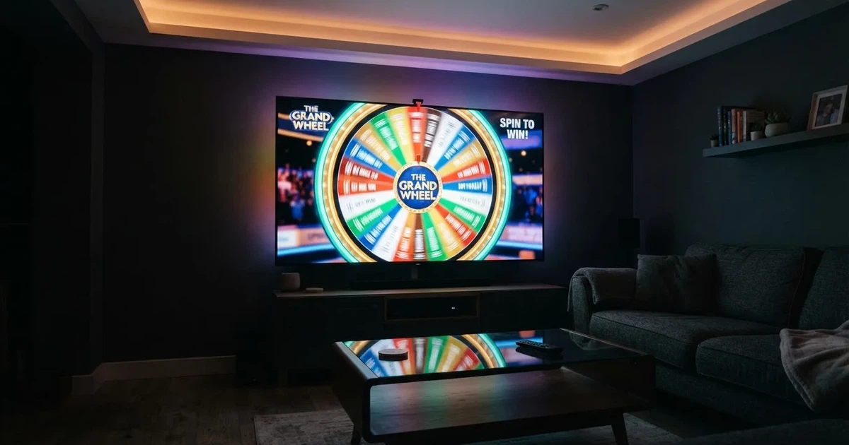 Una pantalla de televisor en un salón moderno muestra una rueda giratoria de colores brillantes bajo luces de neón por la noche.