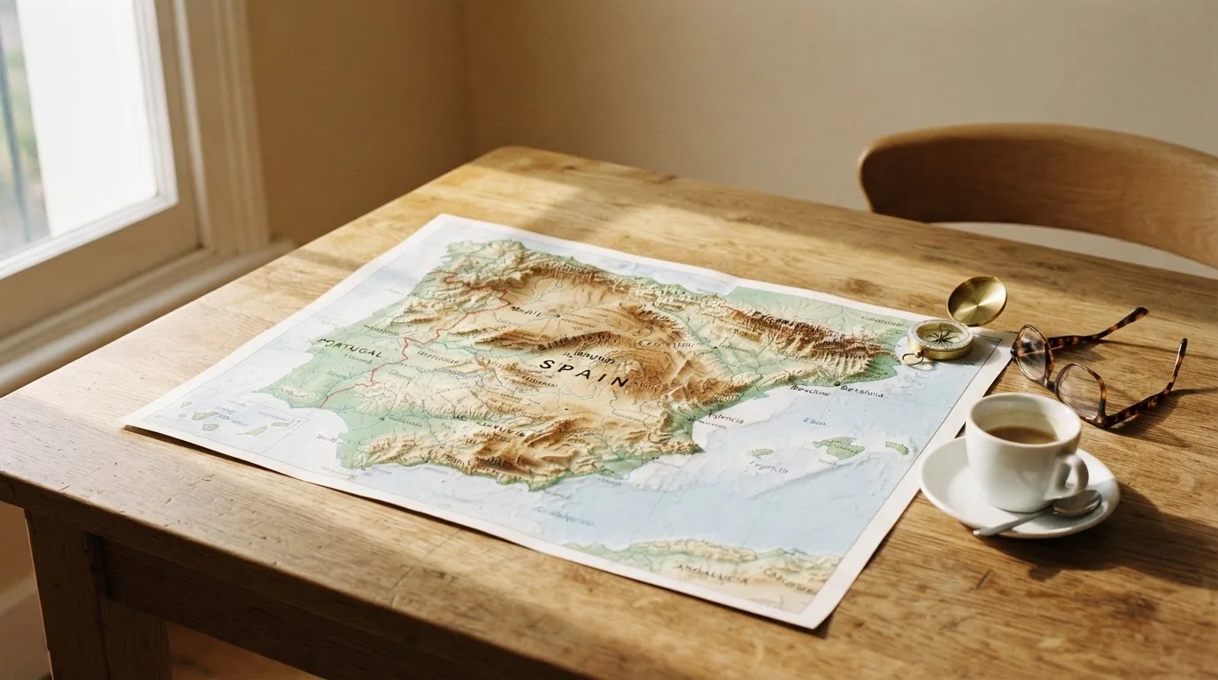 Un mapa físico de España sobre una mesa de madera junto a una taza de café y unas gafas, con luz natural entrando por una ventana.