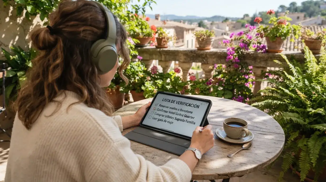 Una persona con auriculares revisa una lista en una tableta apoyada sobre una mesa de café en una terraza soleada.