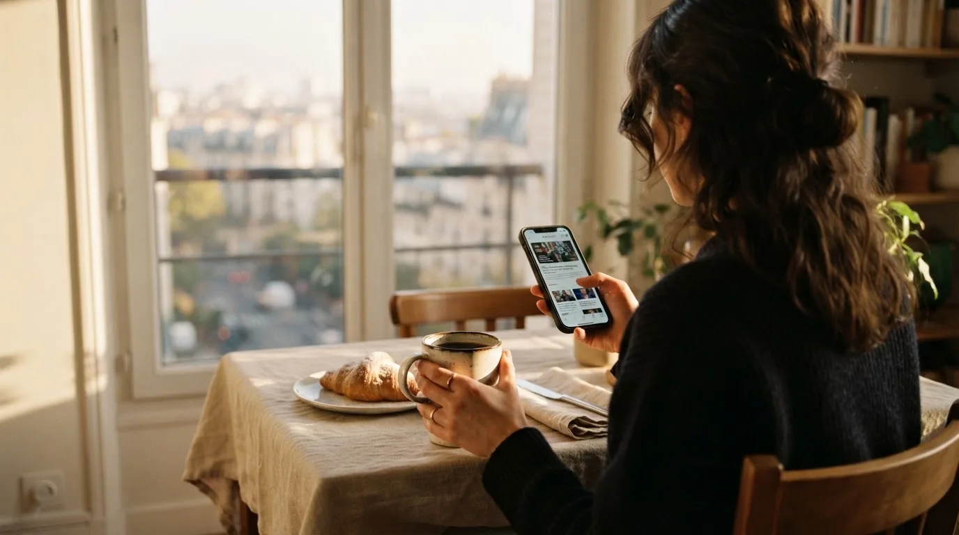 Una persona sostiene una taza de café mientras mira un teléfono móvil sentada junto a una ventana con luz de mañana.