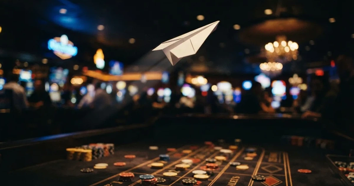 Un avión de juguete de papel sobrevuela una mesa con luces de colores desenfocadas al fondo de una sala oscura.