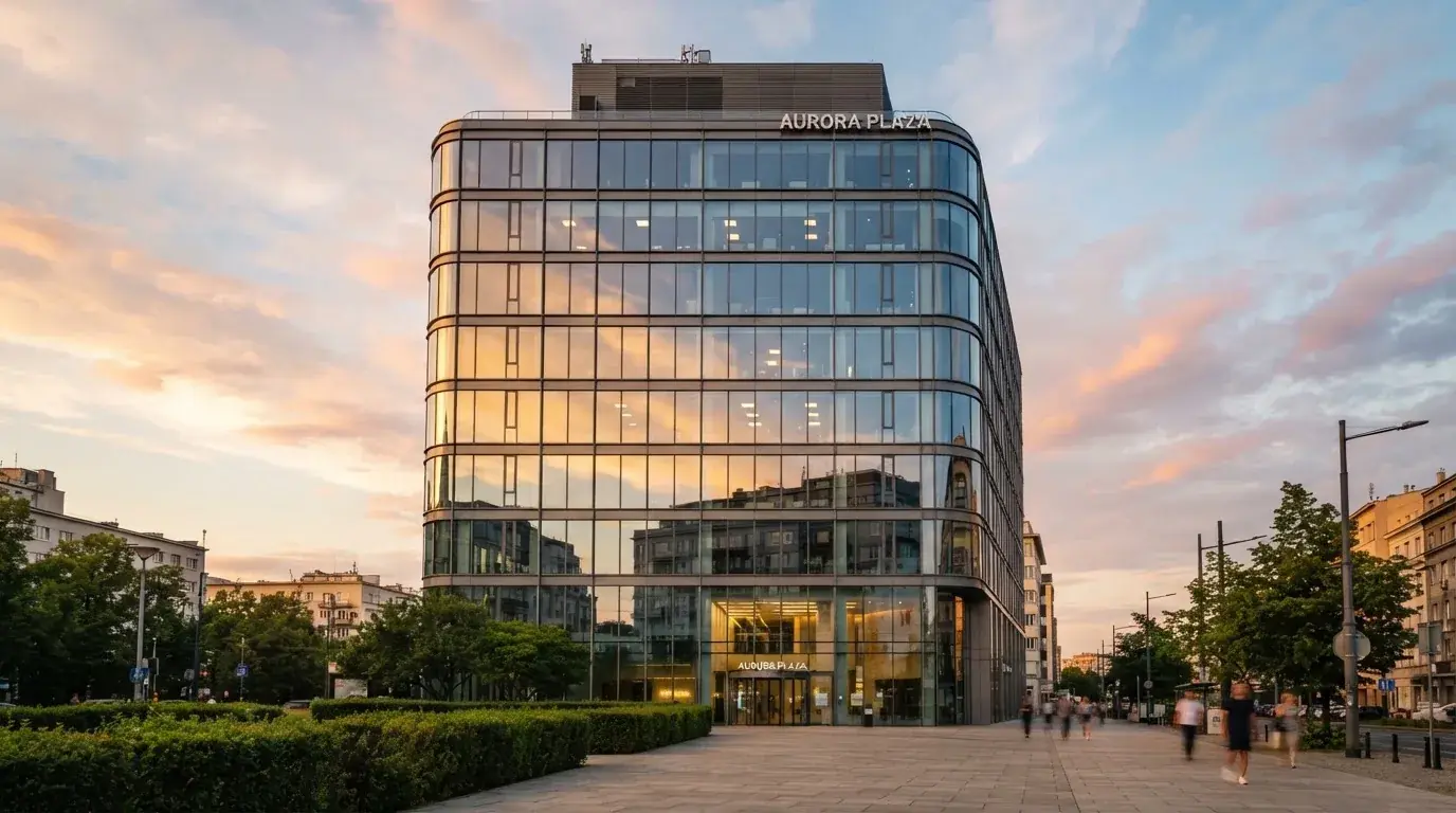 Un edificio de oficinas con fachada de cristal reflejando nubes, fotografiado desde una acera ancha por la tarde.