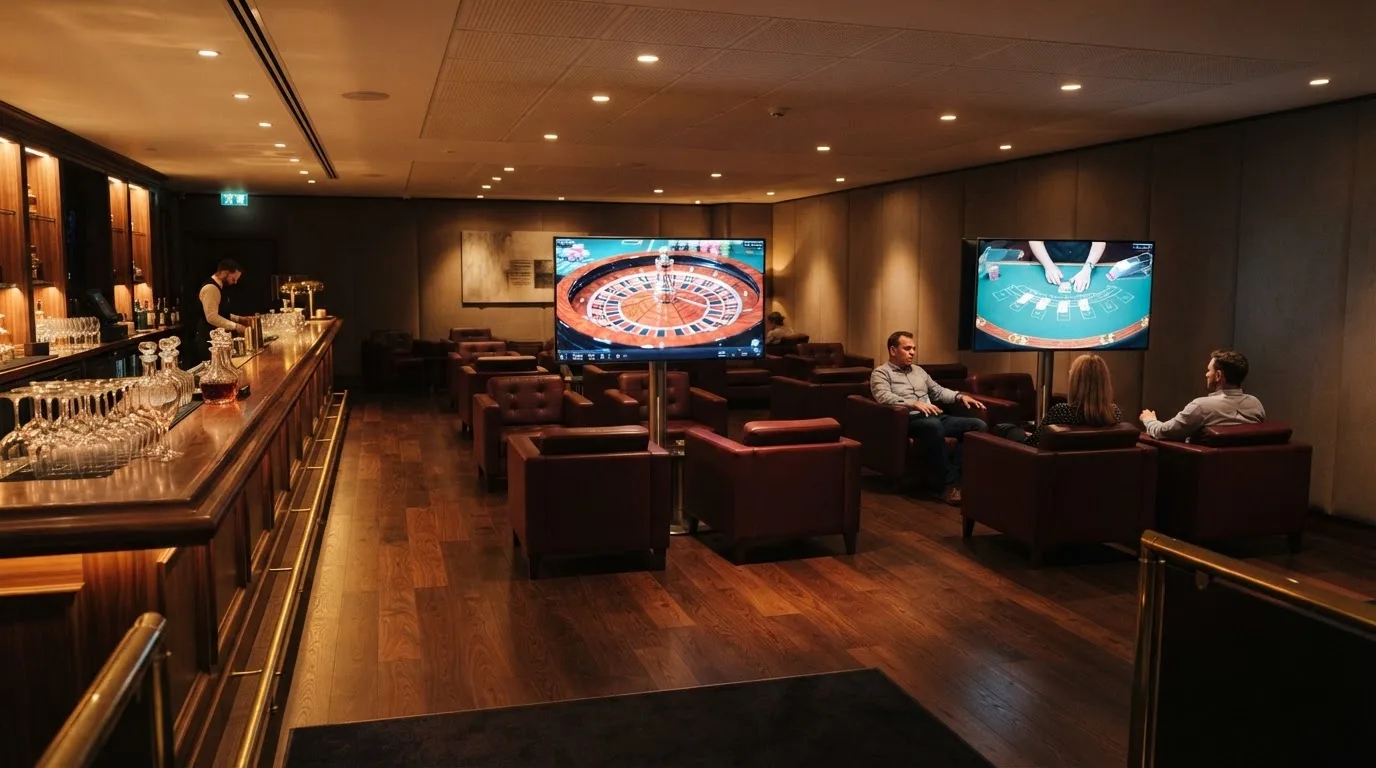 Fotografía de un salón de casino moderno con pantallas de transmisión en directo y sillones cómodos, ambiente cálido y profesional.