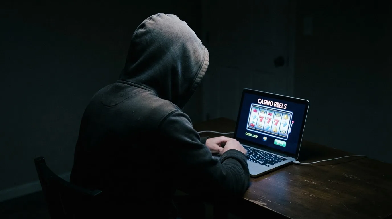 Fotografía de una persona con capucha usando un portátil en una habitación oscura, transmitiendo la idea de anonimato en línea.