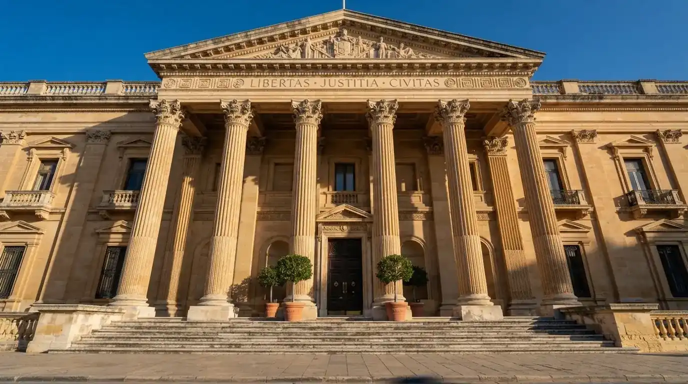 Fotografía de la fachada de un edificio institucional español con columnas clásicas bajo un cielo despejado.
