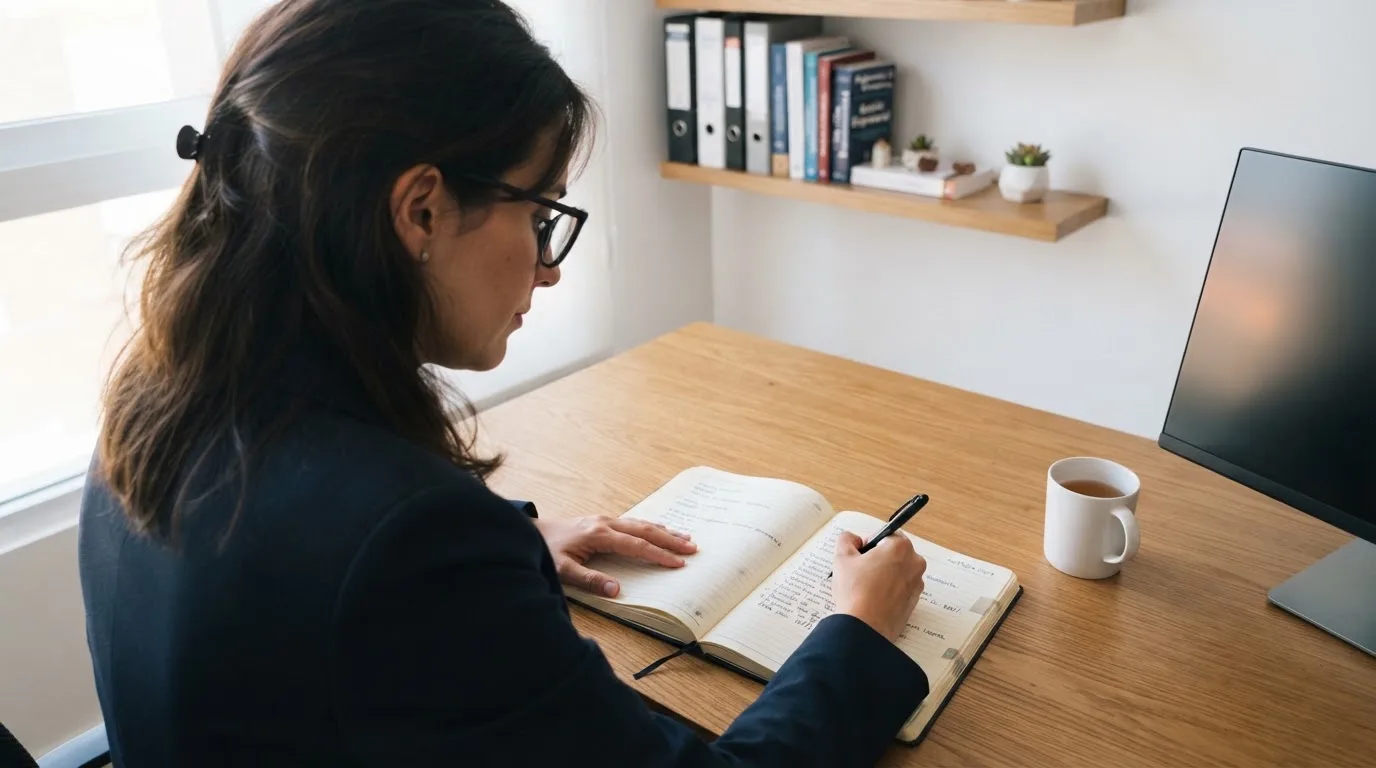 Una mujer con gafas revisa su agenda en un escritorio de oficina moderna con estanterías al fondo.