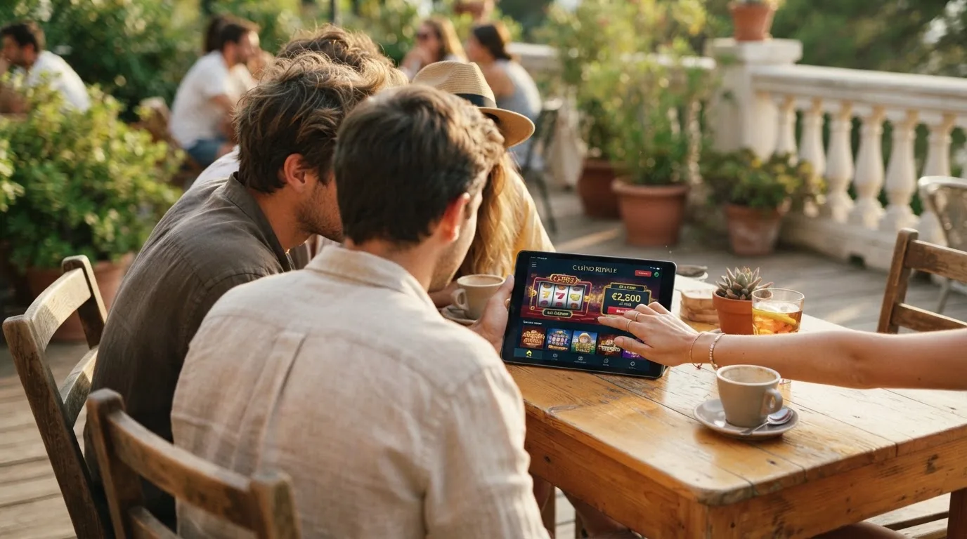 Un grupo de amigos revisa algo en una tableta sobre una mesa de madera en una terraza al aire libre.
