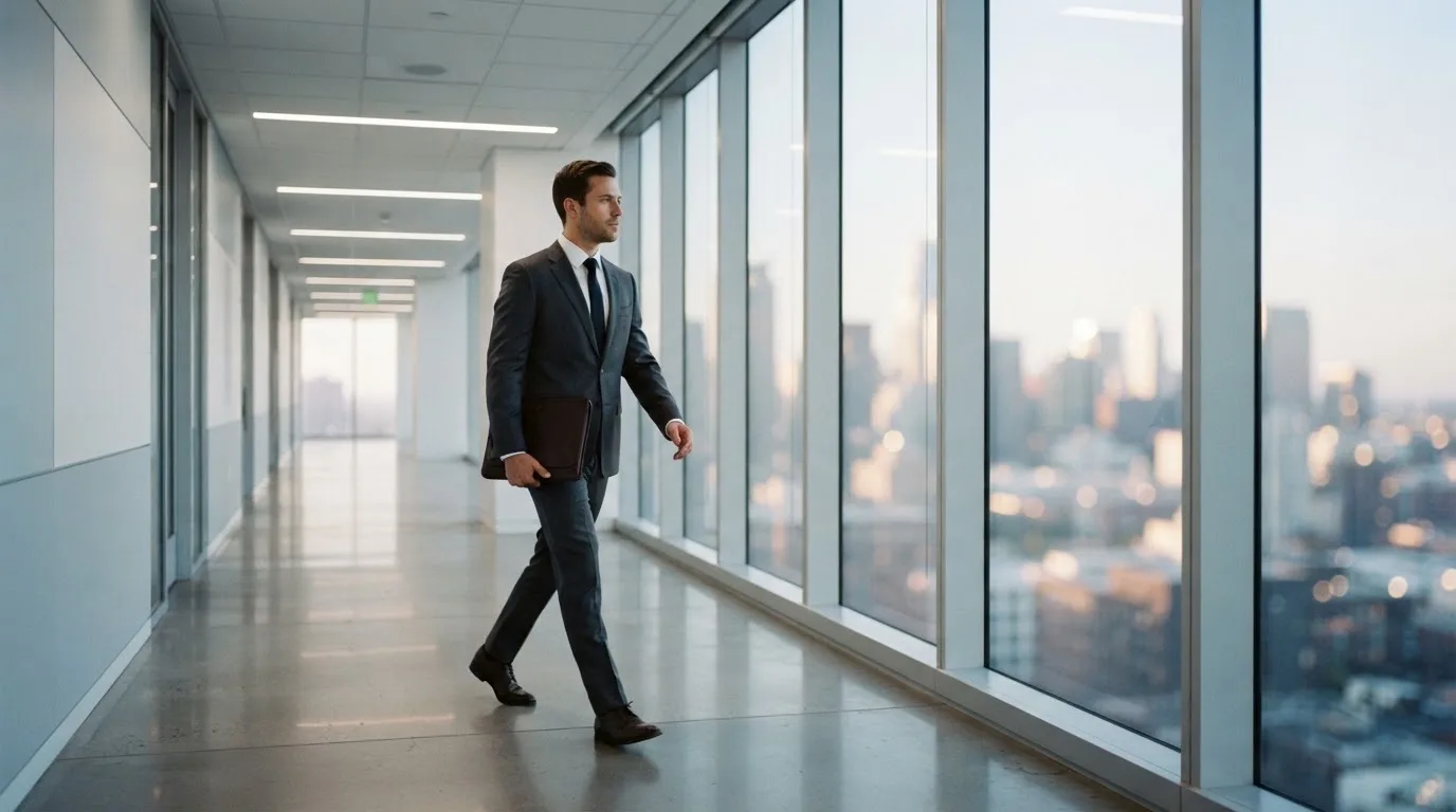 Un hombre con traje camina por el pasillo de un edificio de oficinas moderno con grandes ventanales.