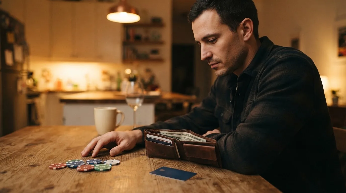 Un hombre revisa su cartera con tarjetas y monedas sobre una mesa de madera en casa.