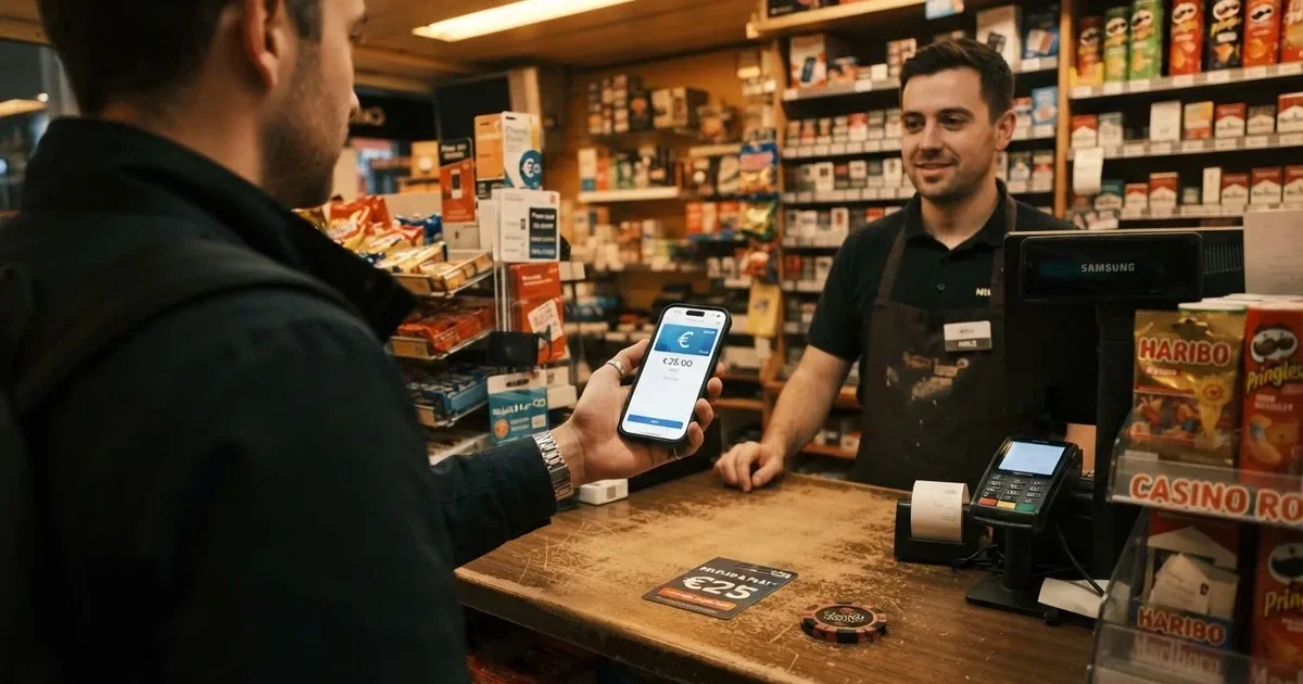 Una persona paga en efectivo en una tienda de conveniencia mientras el dependiente atiende el mostrador.