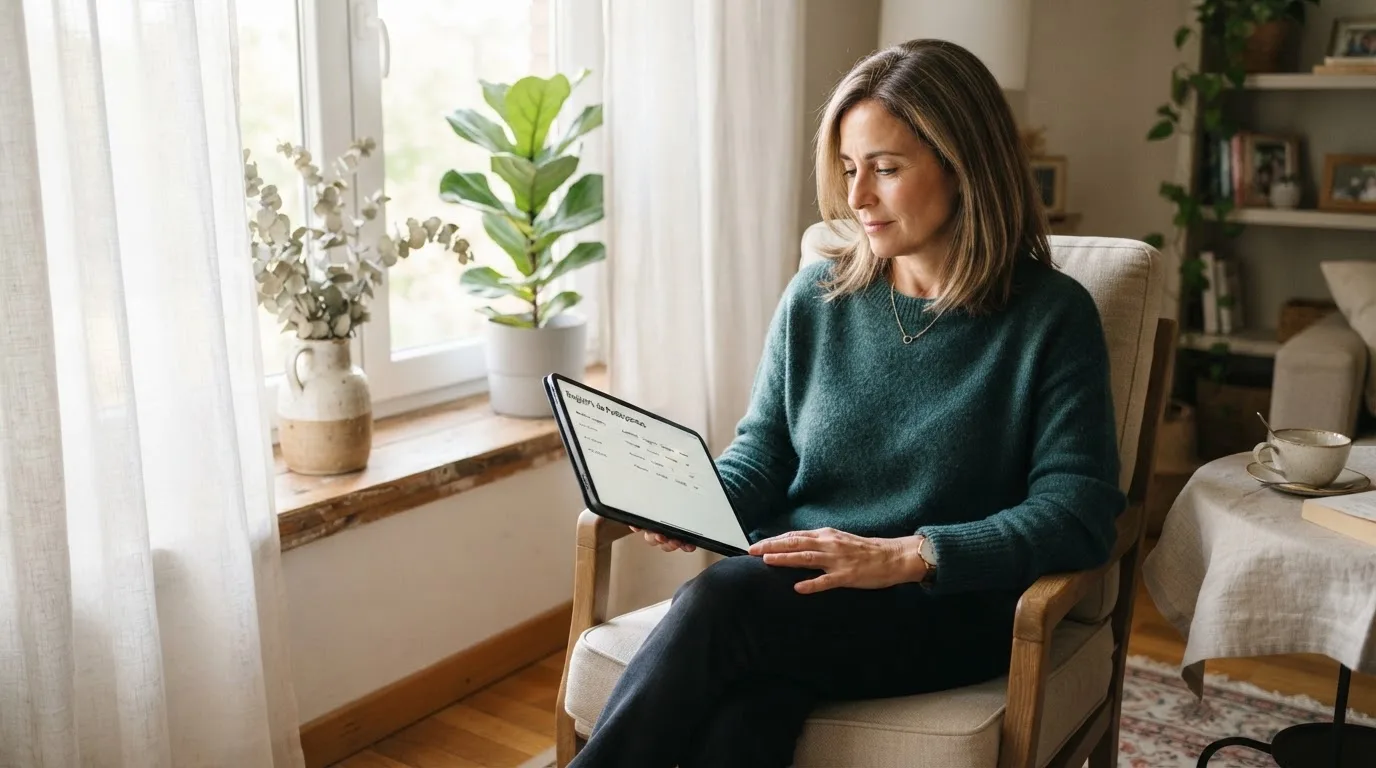 Una mujer consulta información oficial en la pantalla de su tableta, sentada junto a una ventana con luz natural.