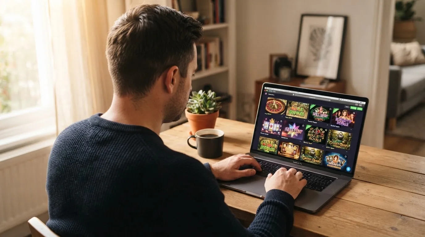Un hombre explora distintos juegos gratuitos de casino en la pantalla de su ordenador portátil, sentado en su escritorio.