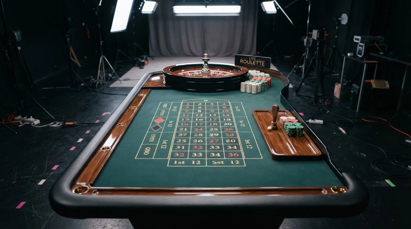Una mesa de ruleta en vivo vacía momentos antes de empezar la retransmisión, con luces de estudio profesional encendidas.