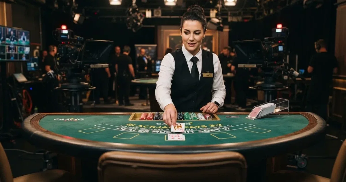 Un crupier reparte cartas en una mesa de blackjack en vivo, con cámaras de estudio visibles ligeramente desenfocadas al fondo.