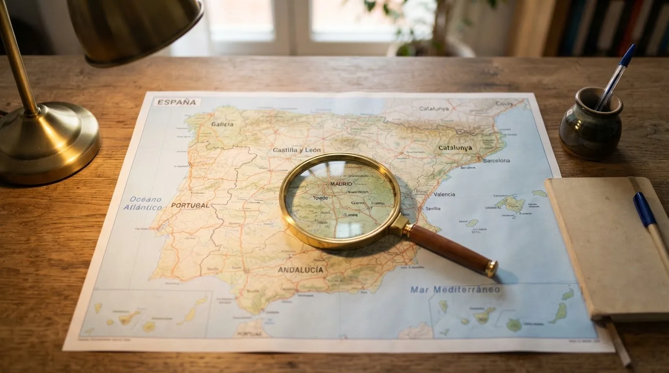 Una lupa sobre un mapa de España iluminado en un escritorio de oficina, con una ventana al fondo desenfocada.