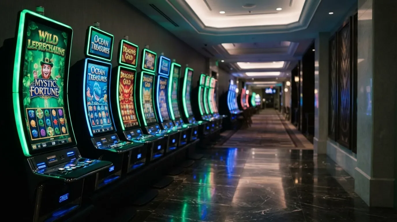 Una hilera de máquinas tragaperras modernas con luces de colores encendidas, fotografiada en un pasillo de casino vacío.