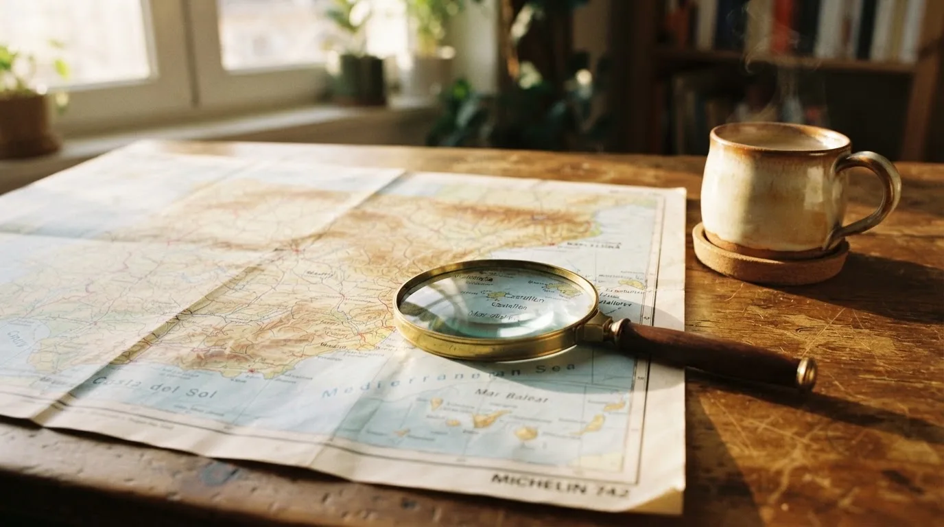 Una lupa sobre un mapa de España colocado en un escritorio de madera junto a una taza de café humeante.