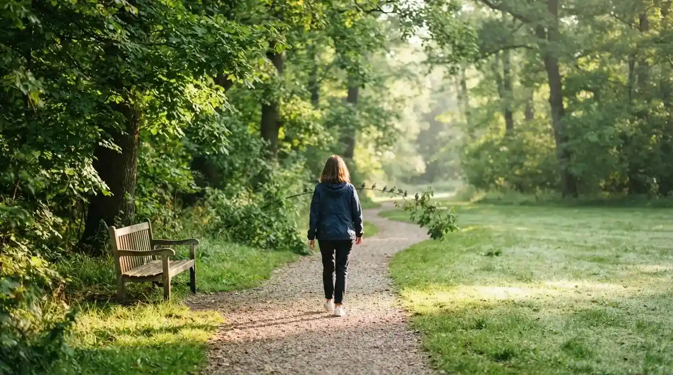 Una persona camina tranquilamente por un parque verde al aire libre, con luz suave de mañana entre los árboles.