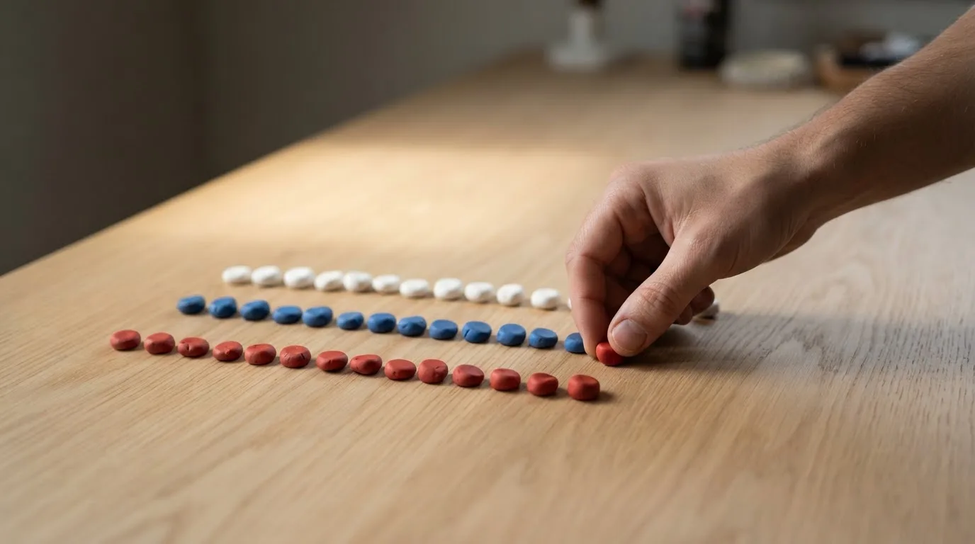 Una persona organiza fichas de colores en pequeñas pilas ordenadas sobre una mesa de madera clara.