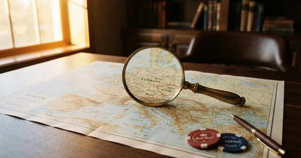Una lupa sobre un mapa de Europa colocado en un escritorio de oficina, con luz natural de ventana.