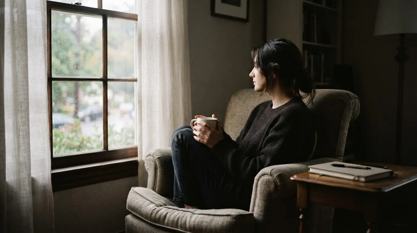 Una persona mira pensativa por una ventana con una taza en las manos, en una habitación tranquila y con poca luz.