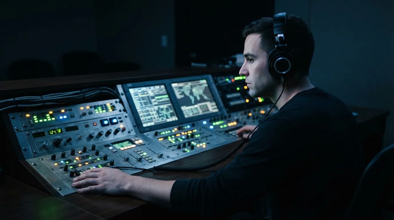 Una persona con auriculares supervisa un panel de control iluminado con indicadores de luces de colores, sin texto visible.